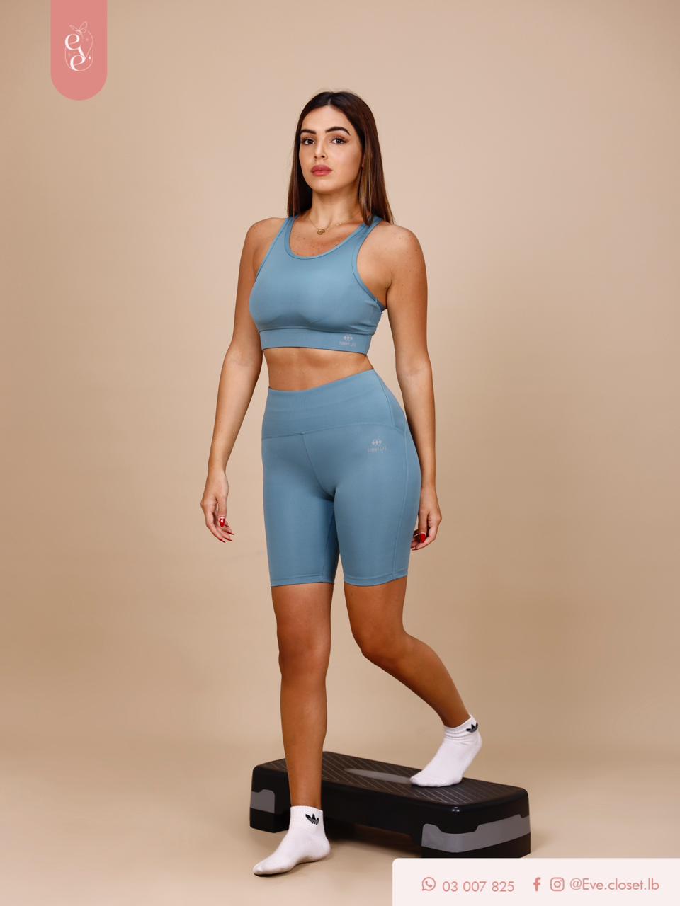 Light Blue Polyester Crop Top & Short Set