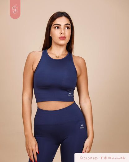 Dark Blue Polyester Crop Top & Short Set